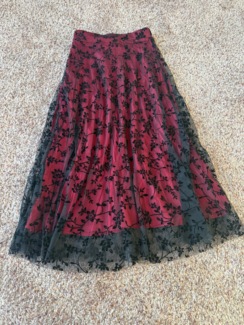 Women's Red Floral Overlay Maxi Skirt